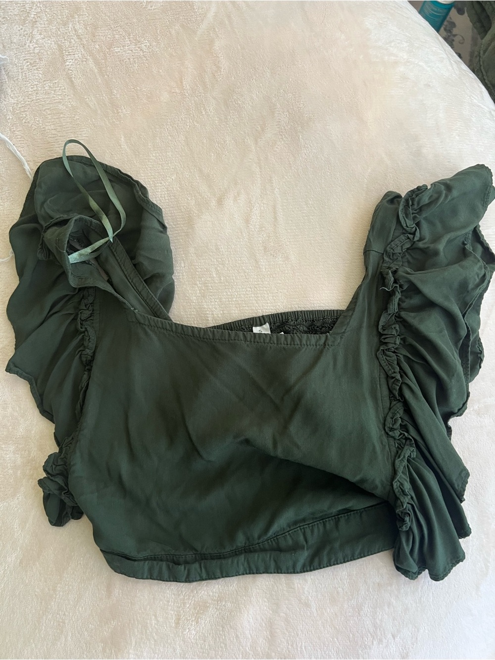 Dark Green Ruffle Sleeve Crop Top